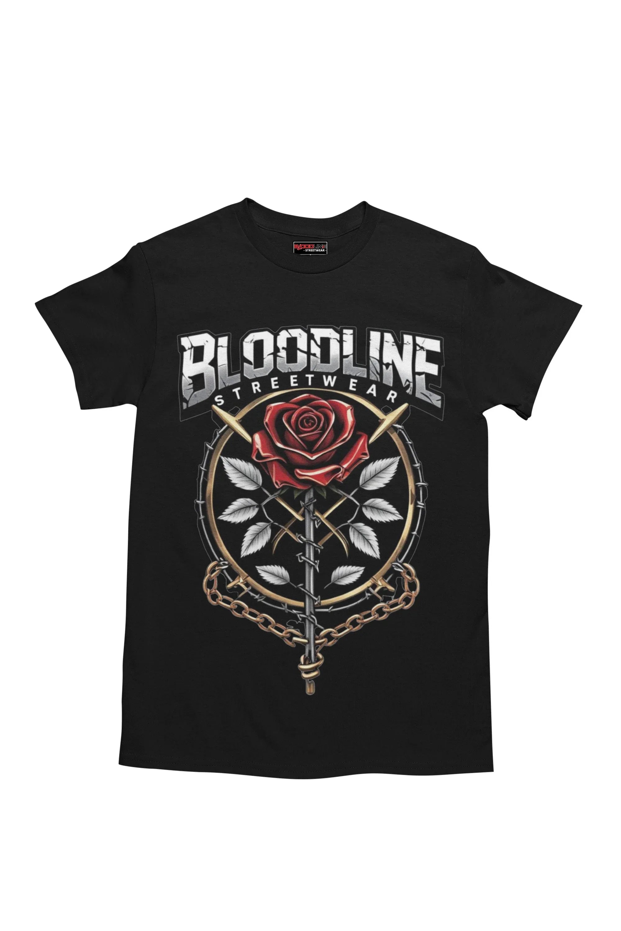Black t-shirt with a rose and chain design and 'Bloodline Streetwear' text on a white background